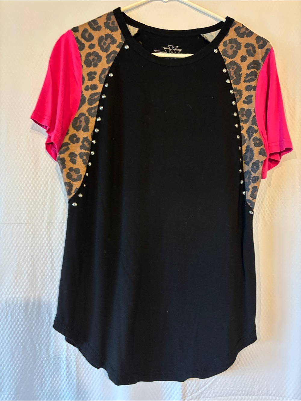 Crazy Train Black Tee with Hot Pink Sleeves & Leopard Panels